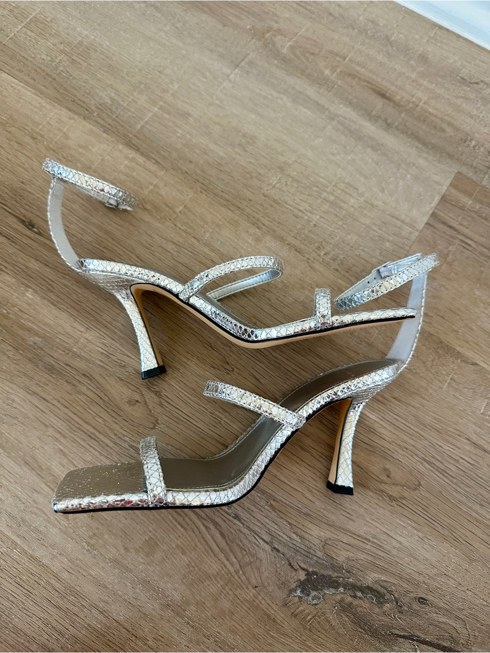 Marc Fisher Silver Snake Skin Strappy Mid-Heel Sandals